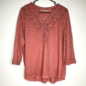 < Soft Surroundings Orange Beaded Neckline 3/4 Sleeve Top >